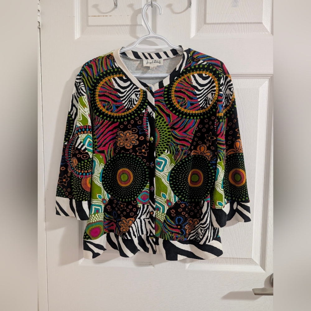Joseph Ribkoff Vibrant Mixed Print Button-Up Cardigan Eclectic Chic Office Sz 18